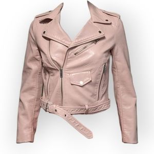 Zara Basic Baby Pink Motorcycle Faux Leather Jacket, XS